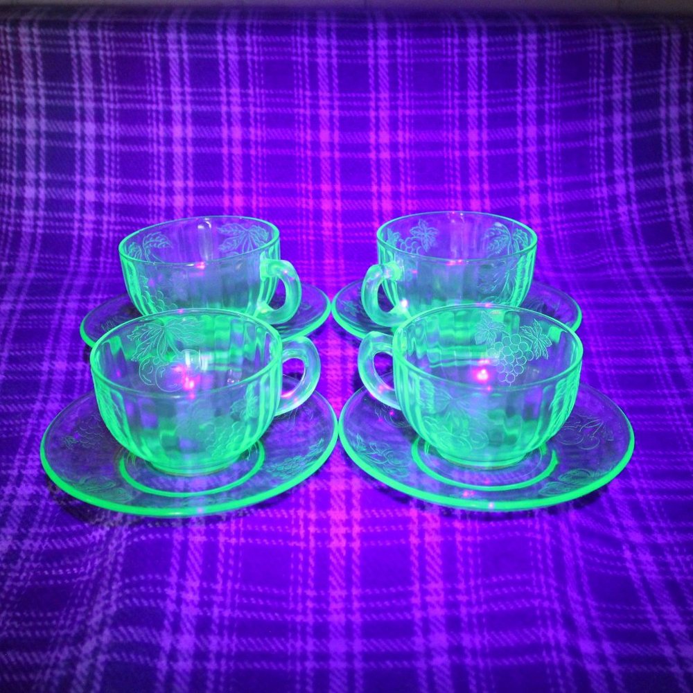 Uranium Vaseline Glass Teacup and Saucers Pears, Cherries Grapes